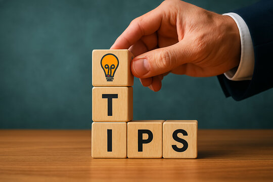 TIPS Wooden Letter Blocks with Lightbulb Icon - Helpful Advice Ideas Guidance Concept - Hand Placing Blocks on Wooden Table - Business Tips 3D Illustration