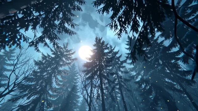 4K cinematic video full moon rising behind dense pine trees dead, leafless trees mist rolling forest floor, faint glowing fireflies, silvery moonlight tree branches fog, cinematic moody mystical