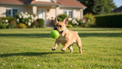 Happy French Bulldog running with a ball on green grass. Playful dog fetching toy in backyard garden