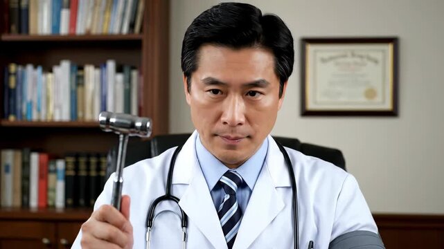 Asian male doctor holding a neurological reflex hammer. Professional physician in a medical office. Healthcare expertise and diagnostic tools