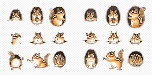 Set of adorable cartoon chipmunk characters in various poses and actions on a transparent background. © studio