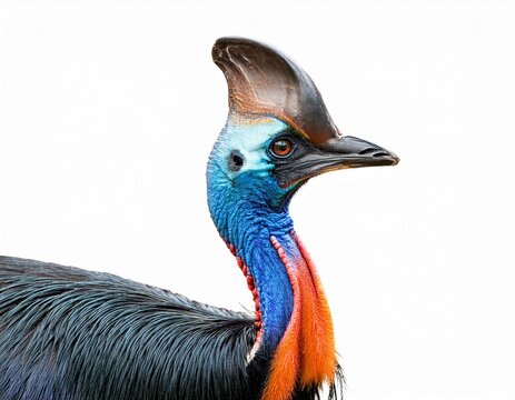 a colorful southern cassowary bird with distinctive blue and orange neck isolated on white background