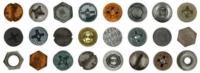 Bolt head. Screw head. Nail head. Self-tapping screw head. Set Vector illustration