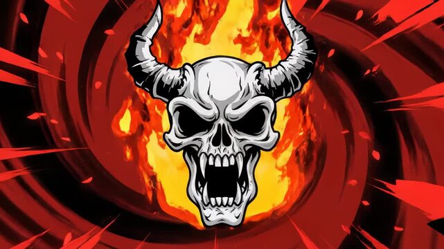 Dark 2d animation with devilish skull. Motion graphics in horror fantasy genre. Animated video clip nightmares for Halloween. Vj looped movie. Red and black background.