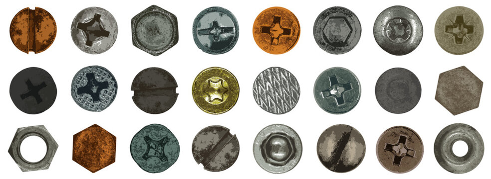 Bolt head. Screw head. Nail head. Self-tapping screw head. Set Vector illustration