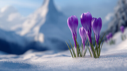 Purple crocus flowers blooming through snow with mountains in background.