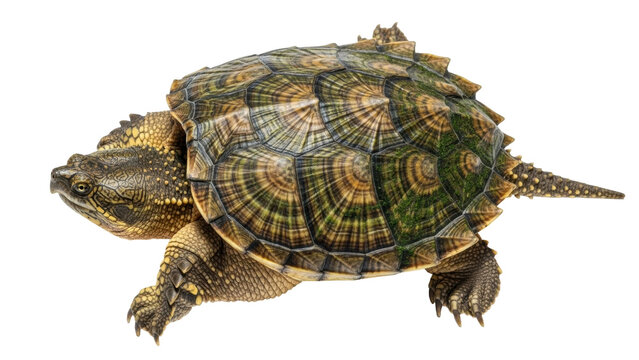 Isolated Common Snapping Turtle viewed from above, a reptile with unique patterns on shell