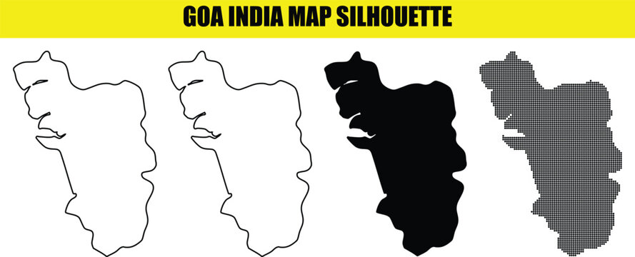 Goa india map silhouette vector design including solid shapes line art borders and creative pixelated halftone patterns