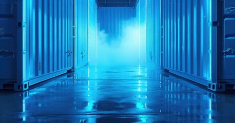 Fototapeta premium Long corridor formed by shipping containers. Blue light creates dramatic perspective, emphasizing depth. Wet floor reflects illumination.