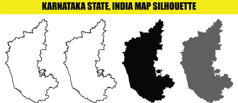 Karnataka state india map silhouette set including outline solid black and pixelated dot pattern on transparent background