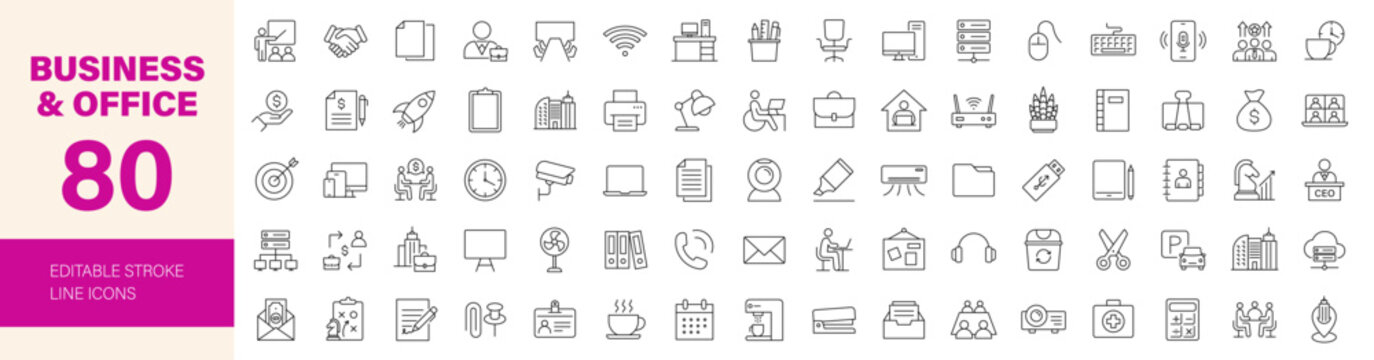 Office and Business icon set. Editable line icons. Vector illustration.