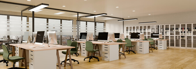 3D rendering of a modern open plan office interior workstation and meeting room panorama view
