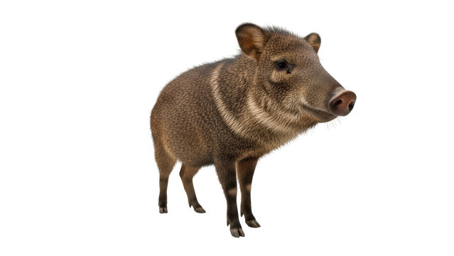 Isolated collared peccary, Dicotyles tajacu, standing animal with tan stripes, brown fur coat