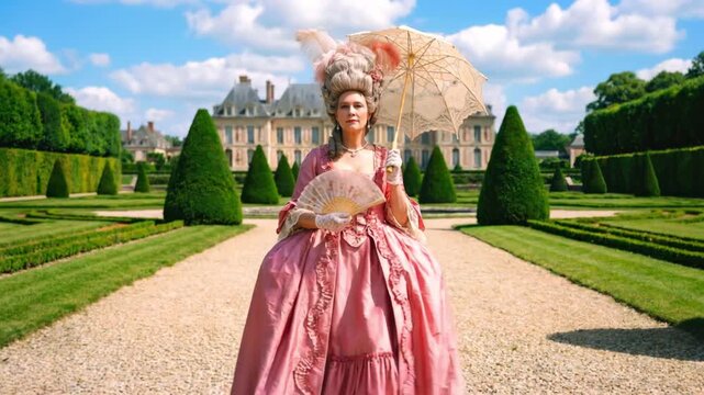 Woman in elaborate pink rococo gown and white wig walks with a fan and parasol in a formal palace garden on a sunny day illustrating historical aristocratic court fashion concepts