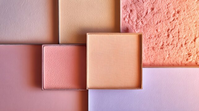 A flatlay arrangement of pastel makeup powders and blushes showcasing soft colors and varied textures