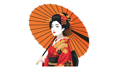 Obraz premium Japanese Geisha wearing kimono holding traditional orange wagasa