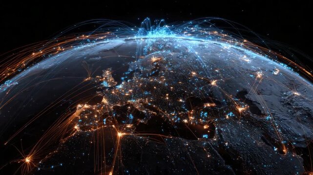 Global Network Connections: A breathtaking digital rendering of Earth, interconnected by luminous lines representing the flow of global networks and data streams.