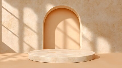 Architectural Display with Shadow: A modern architectural backdrop featuring a neutral palette with a textured wall, arched doorway, and a minimalist platform bathed in natural light and shadow. 
