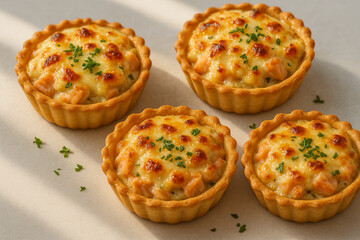 Fototapeta premium Group of Four Savory Mini Quiches with Melted Cheese and Herbs