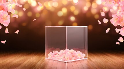 Enchanting Petal Display: An elegant acrylic cube rests gracefully on a wooden surface, delicately cradling a bed of soft pink petals as a gentle cascade of blossoms drifts gently in the background.