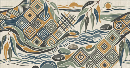 Abstract indigenous art pattern featuring earthy tones and organic shapes