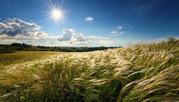 windswept meadow swaying in warm breeze sunshine and blue sky