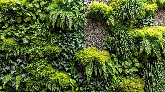 Vertical garden with diverse green plants