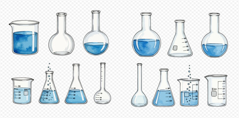 Obraz premium Hand-drawn watercolor set of laboratory flasks and beakers for science experiments.