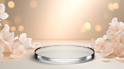 Ethereal Display Stage with Floral Accent: An elegant stage is graced with a shimmering glass surface, embraced by delicate floral accents. Soft lights create a warm, inviting atmosphere.