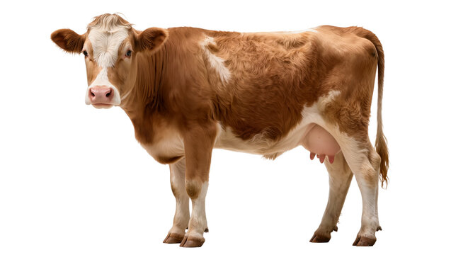 Brown and white dairy cow isolated on white or transparent background, full body farm animal for agriculture design.
