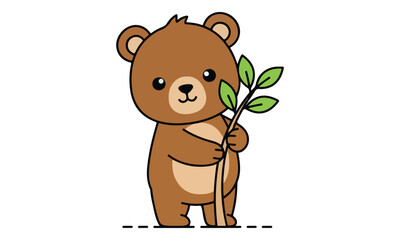 Cute Brown Bear Cub Holding Green Plant Branch, Nature Concept © progoz