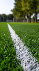 Artificial turf football field with white sideline marking in close perspective