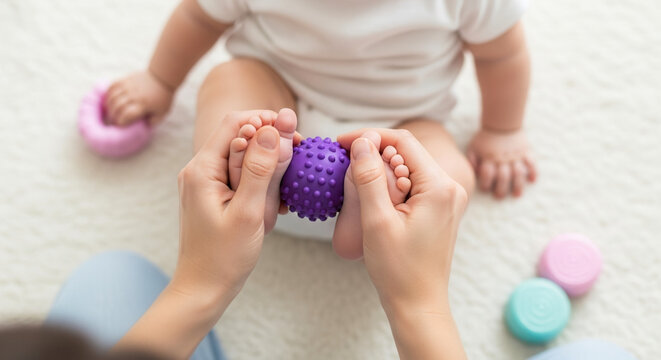 Adult hands holding purple sensory ball on baby's foot, child relaxation and developmental massage at home
