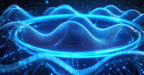 Fototapeta premium Abstract blue waves, digital network. Glowing lines create futuristic visual effect. Dark background emphasizes bright energy flow.