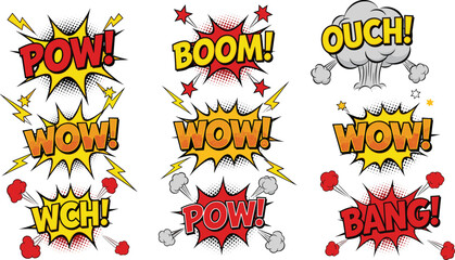 Comic book speech bubbles with sound effects like boom pow wow bang and ouch isolated on white background © Md Joni Islam