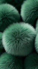 Close-up view of soft, fluffy pom-poms arranged together, showcasing intricate textures and vibrant colors, creating visually appealing abstract composition for creative projects. red background