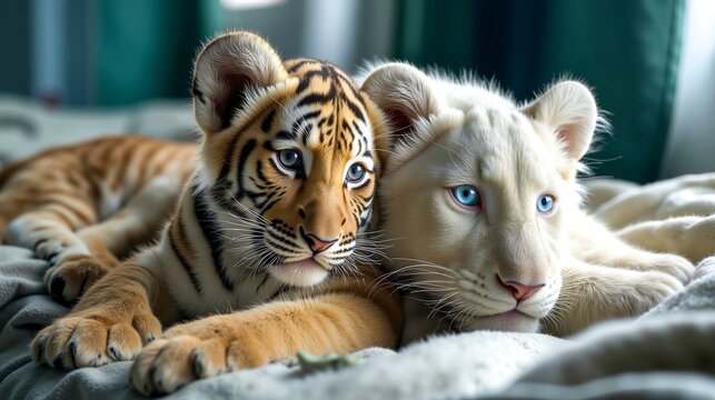 A couple of white and orange tiger cubs laying on top of a bed