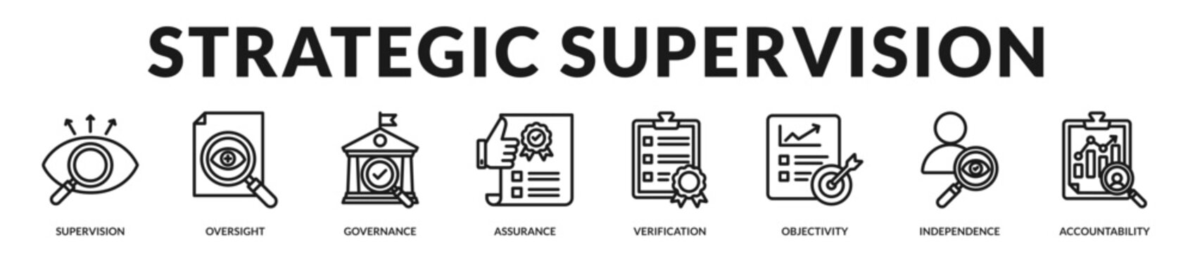 Strategic supervision overview emphasizing accountable governance, independent evaluation, and sustained organizational integrity in Lineal Icon Style