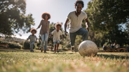 Fototapeta premium Family plays soccer in the park