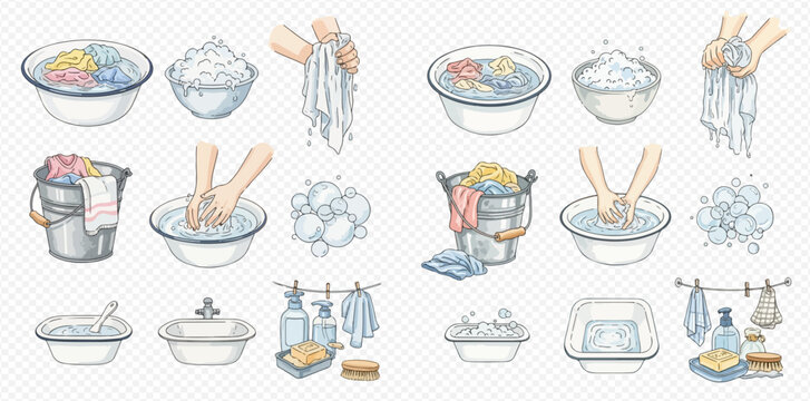 Hand washing laundry set with basins, buckets, soap, and hands in water.