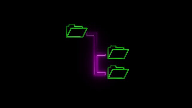 Glowing folder tree line neon icon on black background. Abstract computer network file folder icon animation. Green neon folder to folder transfer from icon.