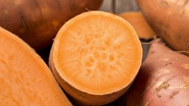 This visually rich, close-up video showcases a vibrant display of whole and freshly cut sweet root vegetables, artfully arranged on a rustic wooden surface. The natural, warm orange hues of the expose