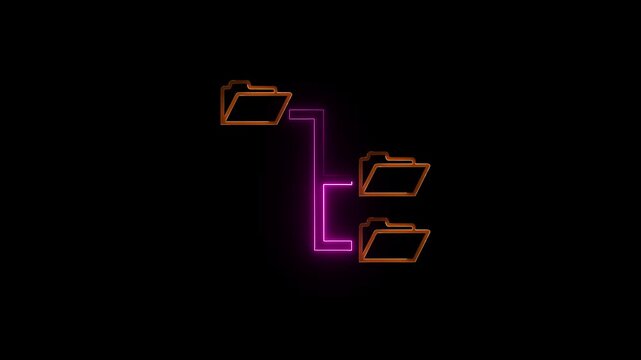 Glowing folder tree line neon icon on black background. Abstract computer network file folder icon animation. Pink neon folder to folder transfer from icon.