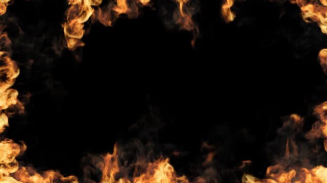 Cinematic fire frame with realistic orange burning flames and thick smoke bordering a black copy space center for heat power and destruction design on transparent background