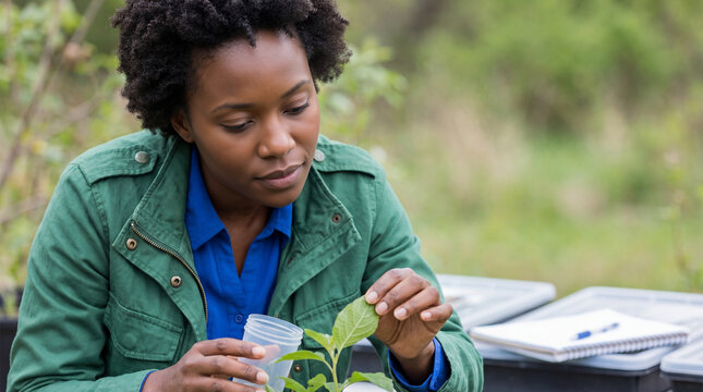 Female botanist examining a plant leaf in the field. Black woman scientist conducting biological research outdoors. Science and environmental conservation concept