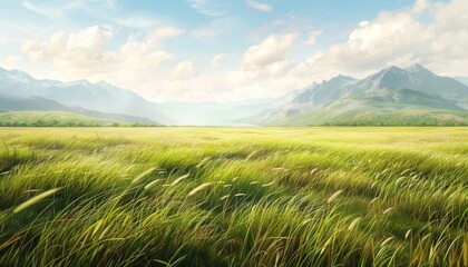 Obraz premium Lush green grass stretches across a breathtaking landscape with majestic mountains under a blue sky filled with soft clouds and warm sunshine