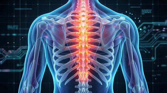 Visualization of upper back and spinal pain. Red glow on the thoracic vertebrae with holographic muscle and skeletal structures in a digital environment.