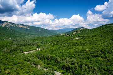 Obraz premium Iori River, forest, and hills landscape near Ujarma Georgia