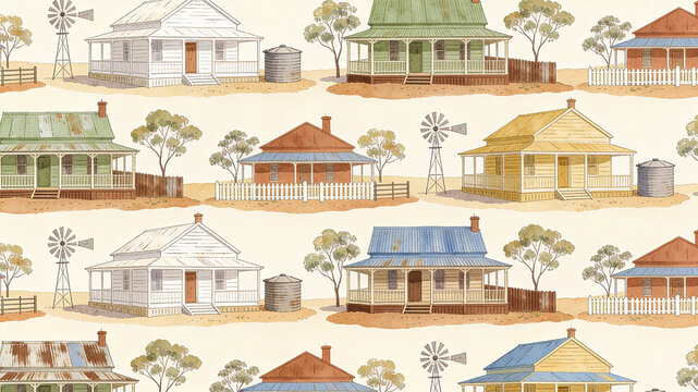 Rustic australian farmhouse seamless pattern with windmills and water tanks