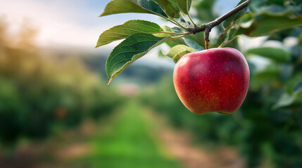 Obraz premium Red apple hanging on tree branch in orchard with green leaves and sunlight